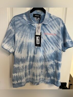 DSQUARED2 Tie-Dye Waves Box Fit Polo Shirt Multi-Blue Size L *See notes